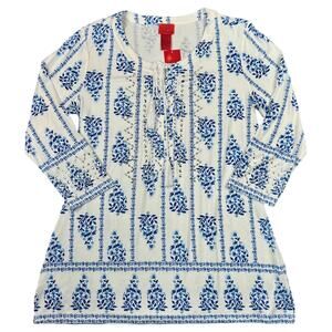NWT V Cristina Ivory and Blue Floral Studded Tunic Top Lace Up Neck Boho - L